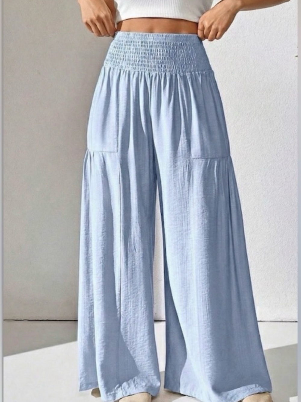 High-Waist Wide Leg Smocked Palazzo Pants - Light Blue